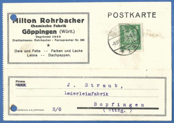 Geschäfts-Postkarte " Chemische Fabrik Milton Rohrbacher ", - versandt am 9.März 1925