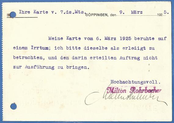 Business postcard Chemische Fabrik Milton Rohrbacher, mailed March 9, 1925 - back of card