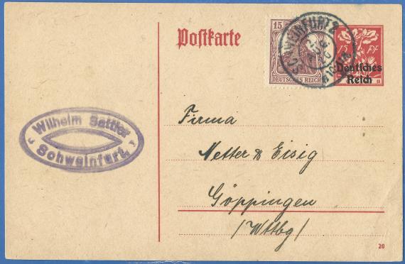 Postkarte mit geschäftlichem Inhalt, adressiert an die Firma Netter & Eisig, versandt am 2. August 1920.  - Kartenvorderseite