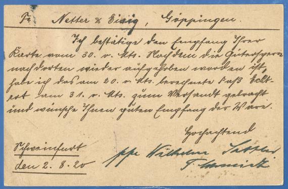 Postkarte mit geschäftlichem Inhalt, adressiert an die Firma Netter & Eisig, versandt am 2. August 1920  - Kartenrückseite