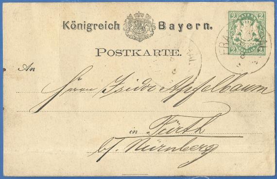 Postkarte geschäftlicher Art adressiert an Herrn Isidor Apfelbaum, versandt am 8. Juli 1875