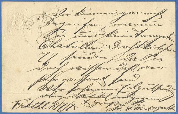 Postcard of a business nature addressed to Mr. Isidor Apfelbaum - mailed July 8, 1875 - back of card