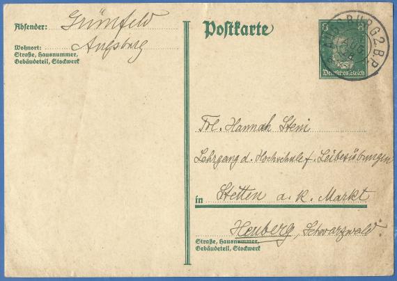 Postkarte von Rabbiner Grünfeld und Frau an die Nichte Hannah Stein,  - versandt am 23. August 1928