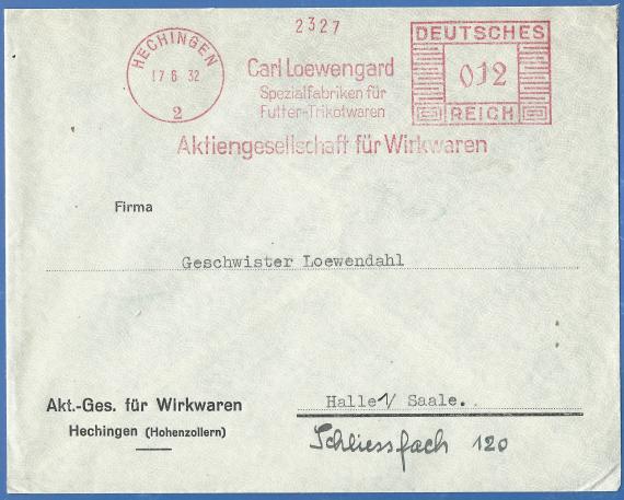 Briefumschlag der Firma Carl Loewengard, Spezialfabriken für Futter-Trikotwaren, - Aktiengesellschaft für Wirkwaren, - versandt am 17. Juni 1932