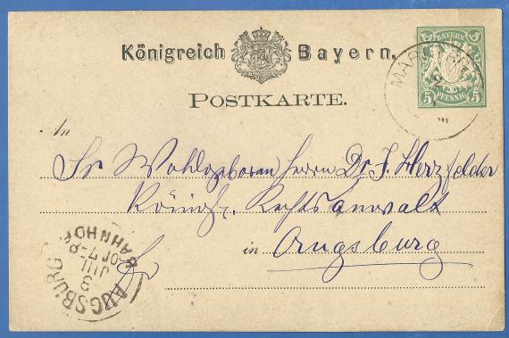 Well preserved historic postcard with embossed green Bavarian 5 Pfennig stamp in beautifully curved script of the time. The stamp in the upper right corner of the card is postmarked in Marktbreit on July 2, 1878. In the lower left corner of the card is the incoming postmark - Augsburg Bahnhof - July 3, 1878. The card is addressed to Dr. Isaak Herzfelder, Royal Lawyer in Augsburg.