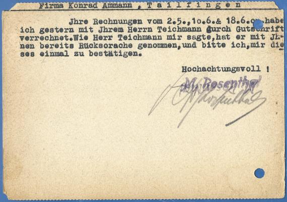 Geschäftskarte M. Rosenthal, Manufaktur,Damen-,Herren- und Kinderkonfektion, Spezialität: Betten, versandt am 22. November 1930 - Kartenrückseite