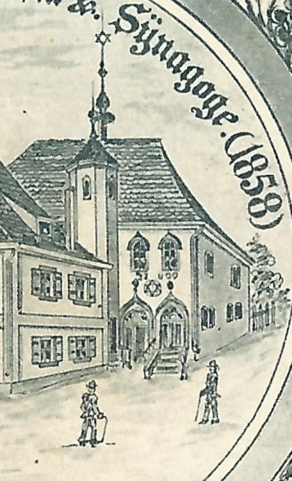 Historical picture postcard "Gruss aus Thalmässing" from 1899 , detail enlargement with picture of the synagogue