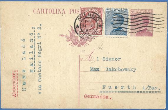 Postkarte geschäftlicher an Signor Max Jacobowsky, versandt am 31. März 1923 - Kartenvorderseite