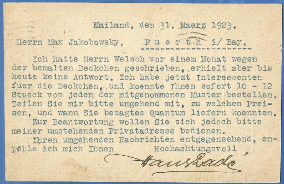Postkarte geschäftlicher an Signor Max Jacobowsky, versandt am 31. März 1923 - Kartenrückseite