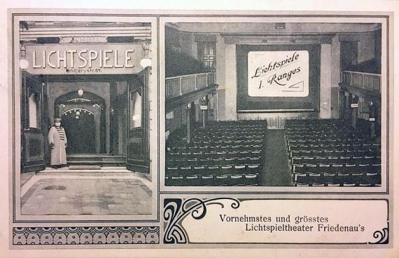 The advertising postcard decorated with curved lines shows on the left a picture of the entrance area with the cinema's lettering and a porter on the side. On the right is a shot from the hall of the cinema, the rows of chairs and a gallery. On the screen is written: "Lichtspiele 1. Ranges". On the postcard in the lower right corner is written in a framed field: "Most distinguished and largest cinema in Friedenau".