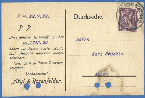 Geschäftspostkarte von „Asyl & Rosenfelder", - versandt am 22. Juli 1922