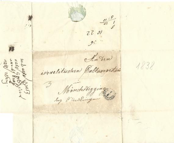 Envelope from 1838 to the Israelitischen Cultusvorstand Mönchsdeggingen, - Envelope unfolded