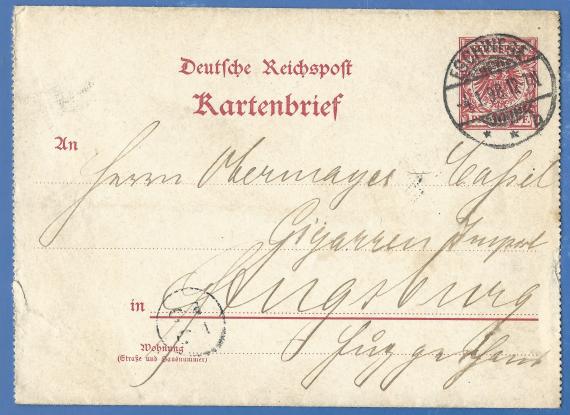 Kartenbrief an Herrn Obermayer & Cassel, Zigarrenimport, Augsburg, Fuggerhaus Card letter to Mr. Obermayer & Cassel, cigar import, Augsburg, Fuggerhaus