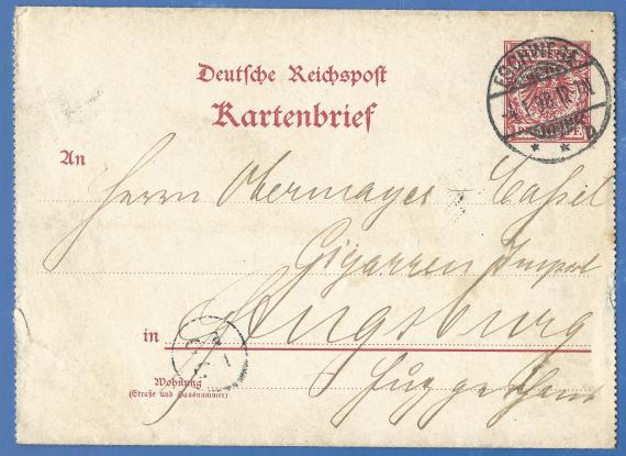 Kartenbrief an Herrn Obermayer & Cassel, Zigarrenimport, Augsburg, Fuggerhaus