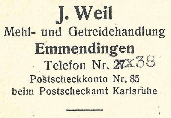 Firmenemblem der Mehl- und Getreidehandlung J. Weil in Emmendingen auf einer Geschäftspostkarte