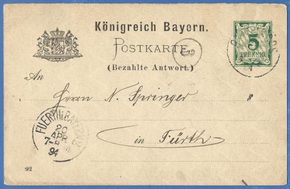 Postkarte geschäftlicher Art an Herrn N. Springer, versandt am 20. April 1894