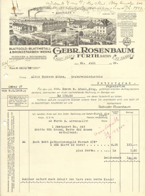 Rechnung der Blattgold-, Blattmetall- und Bronzefarben-Werke Gebrüder Rosenbaum vom 20. Juli 1939