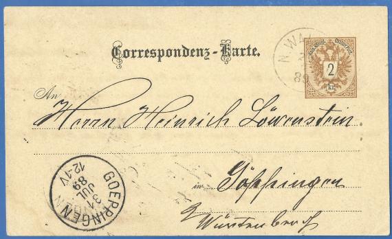 Postcard of a business nature to Mr. Heinrich Löwenstein, mailed on July 29, 1889 - front of card