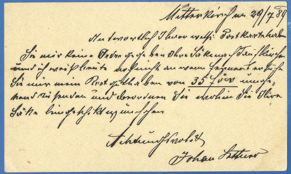 Postcard of a business nature to Mr. Heinrich Löwenstein, mailed July 29, 1889, - back of card