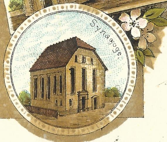 Litho-Ansichtskarte von Oberdorf am Ipf aus der Zeit um 1898 - Ausschnittvergrößerung - Synagoge Oberdorf