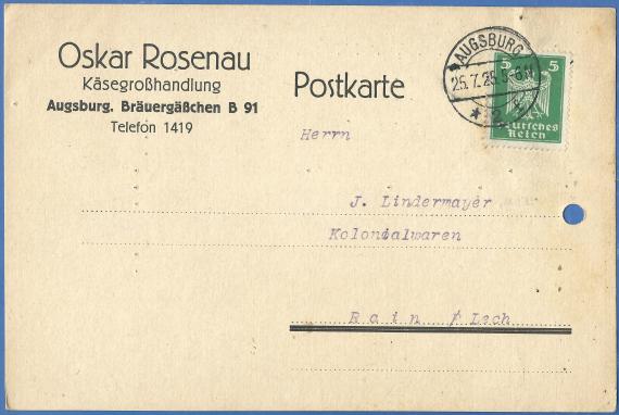 Geschäftspostkarte Käsegroßhandlung Oskar Rosenau Business postcard of the cheese wholesaler Oskar Rosenau, - sent on July 25, 1925