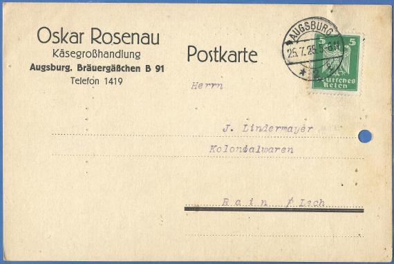 Geschäftspostkarte der Käsegroßhandlung Oskar Rosenau, - versandt am 25. Juli 1925