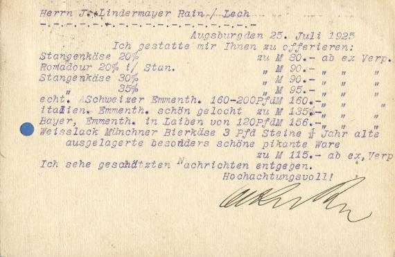 Geschäftspostkarte der Käsegroßhandlung Oskar Rosenau, versandt am 25. Juli 1925  - Kartenrückseite