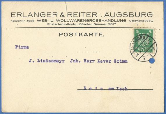 Geschäftspostkarte der Web- und Wollwarengroßhandlung Erlanger & Reiter, versandt am 26. Juni 1925