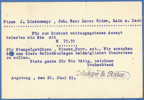 Business postcard of the weaving and woolen goods wholesaler Erlanger & Reiter, mailed June 26, 1925 - back of card