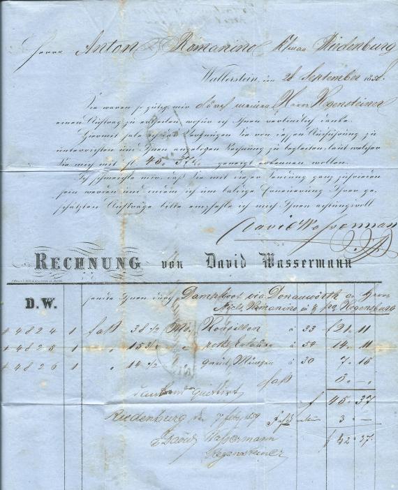 Rechnung von David Wassermann in Wallerstein,  - versandt am 28. September 1858