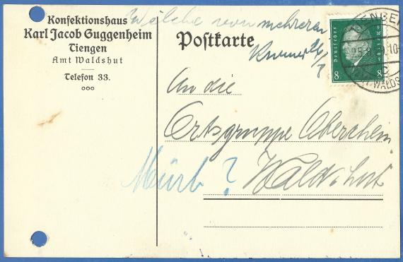 Business postcard from clothing store Karl Jacob Guggenheim