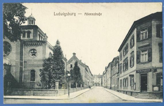 Ansichtskarte von Ludwigsburg - Alleenstraße mit Synagoge aus der Zeit um 1920