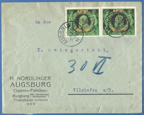 Business letter envelope of the cigar factories H. Nördlinger, Augsburg, Burgberg,station Hermaringen, Württemberg, Crailsheim, Württemberg,
mailed June 30, 1911