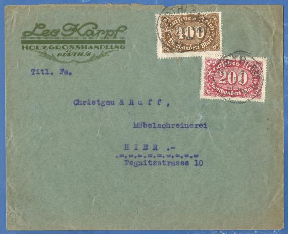 Envelope of the "Holzgroßhandlung Leo Karpf", mailed on August 3, 1923