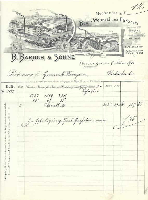 Historische Rechnung der Mechanischen Bunt-Weberei und Färberei B.Baruch & Söhne , ausgestellt am 9. März 1912