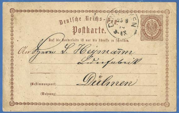 Postkarte geschäftlicher Art, adressiert an Herrn S. Heymann, Lederfabrik - versandt am 25. August 1874