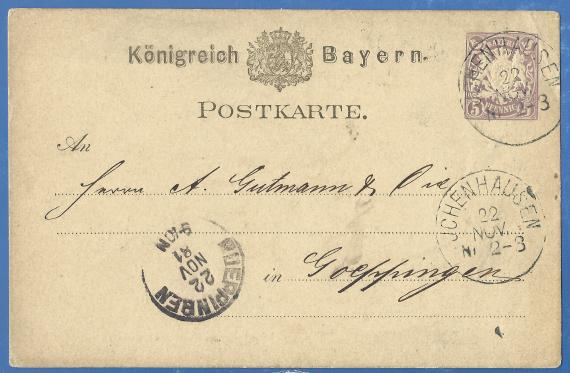 Postkarte geschäftlicher Art an Herrn A. Gutmann & Cie, versandt am 22. November 1881  - Kartenvorderseite