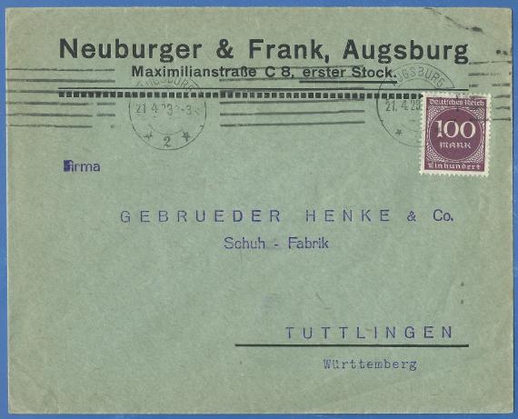 Briefumschlag der Schuhwaren-Großhandlung Neuburger & Frank, Maximilianstraße C 8, erster Stock Envelope of the shoe goods wholesaler Neuburger & Frank, Maximilianstraße C 8, second floor