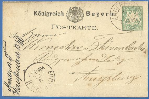 Sehr alte Postkarte aus dem 1878 mit aufgedruckter grüner 5 Pfennig Briefmarke mit Poststempel Kaufbeuren, 13. Oktober - 7-8 Nachmittags. Am unteren linken Karterand hochkant stehender Absender, - daneben der Posteingangsstempel Augsburg II, - 14. Oktober - vormittags 6- 7.