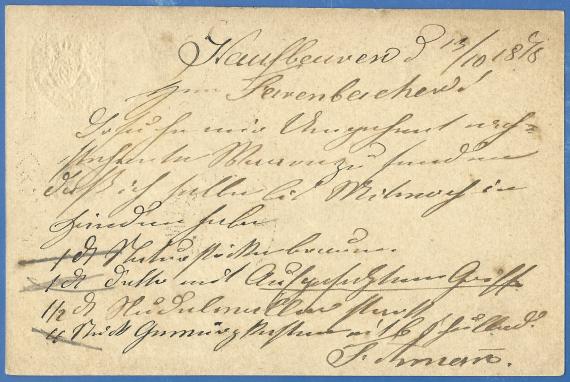 Back of postcard of business nature to Mr. Wernecker & Farnbacher, - mailed October 13, 1878Under the header with location and date is the order listed over several lines. Written in black ink with the usual script of the time.