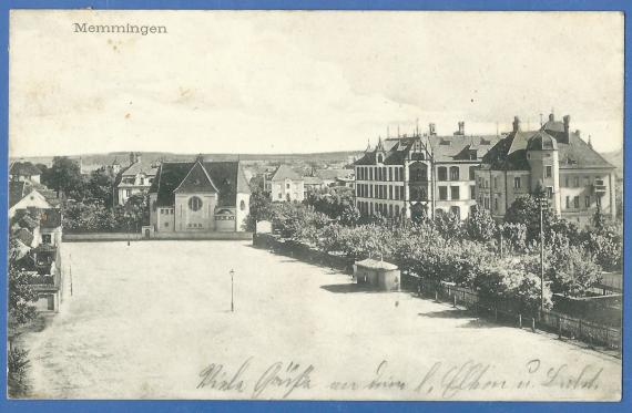 Old picture postcard of Memmingen with synagogue, school and district court, - mailed June 25, 1915