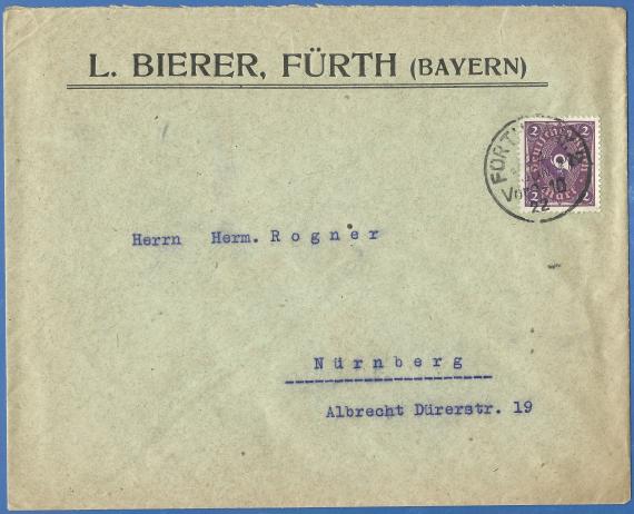 Envelope - L. Bierer, Fürth - mailed June 24, 1922