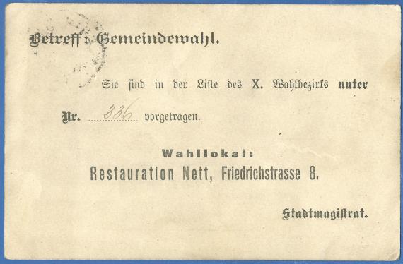 Postcard, private - official content - to Mr. Georg Rosenberg, mailed November 1, 1905 - back of card