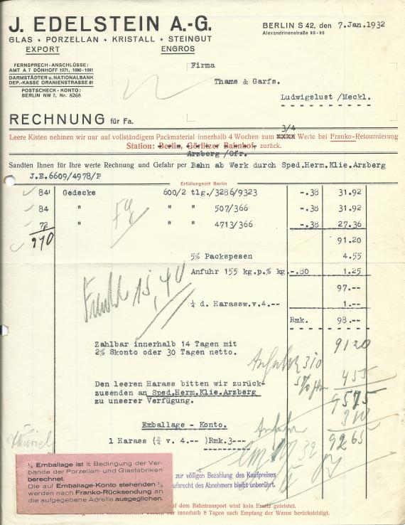 Rechnung der J. Edelstein A.-G.vom 7. Januar 1932