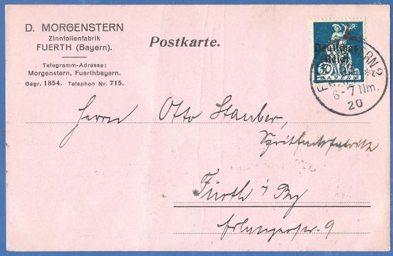 Geschäftspostkarte der „Zinnfolienfabrik D. Morgenstern" Fürth, versandt am 23. September 1920