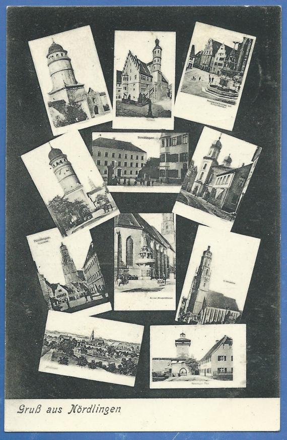 Multi-image picture postcard - Greetings from Nördlingen - with several photographs of Nördlingen - including the synagogue - from around 1907