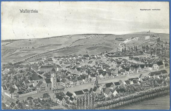 Artist's picture postcard of Wallerstein with a view of Wallerstein. - mailed on 27.8.1909 to Gmünd in Lower Austria; - at the right edge map center recognizable the synagogue.