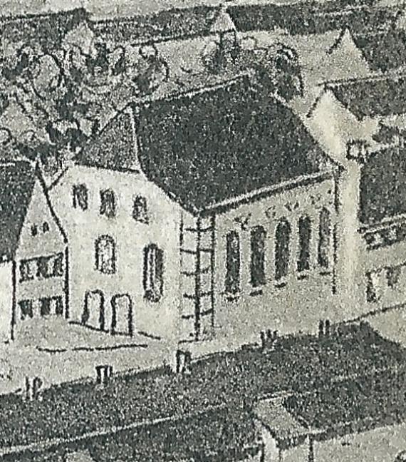 Synagoge Wallerstein um 1906, Ausschnittvergrößerung aus einer Künstler-Ansichtskarte