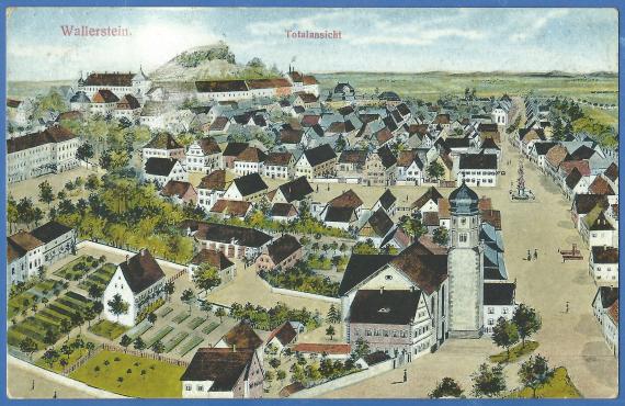 Artist's picture postcard with a complete view of Wallerstein, - sent to Feuchtwangen 1921
in the background half-right above still recognizable - the synagogue Wallerstein