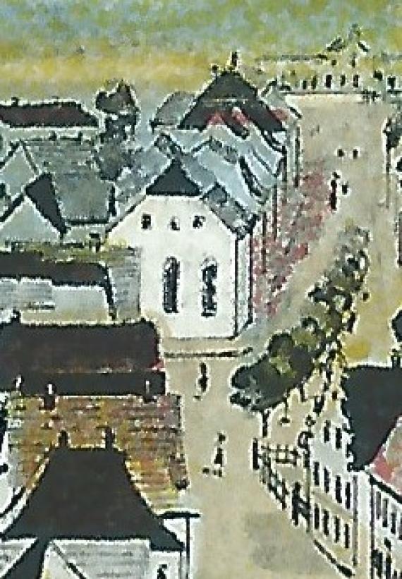 Artist's map of Wallerstein with a total view of Wallerstein - detail enlargement - Wallerstein synagogue around 1921